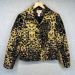 Lovely Jacket Womens Size 12 Tan Black Polyester Blend Leopard Print Button Up